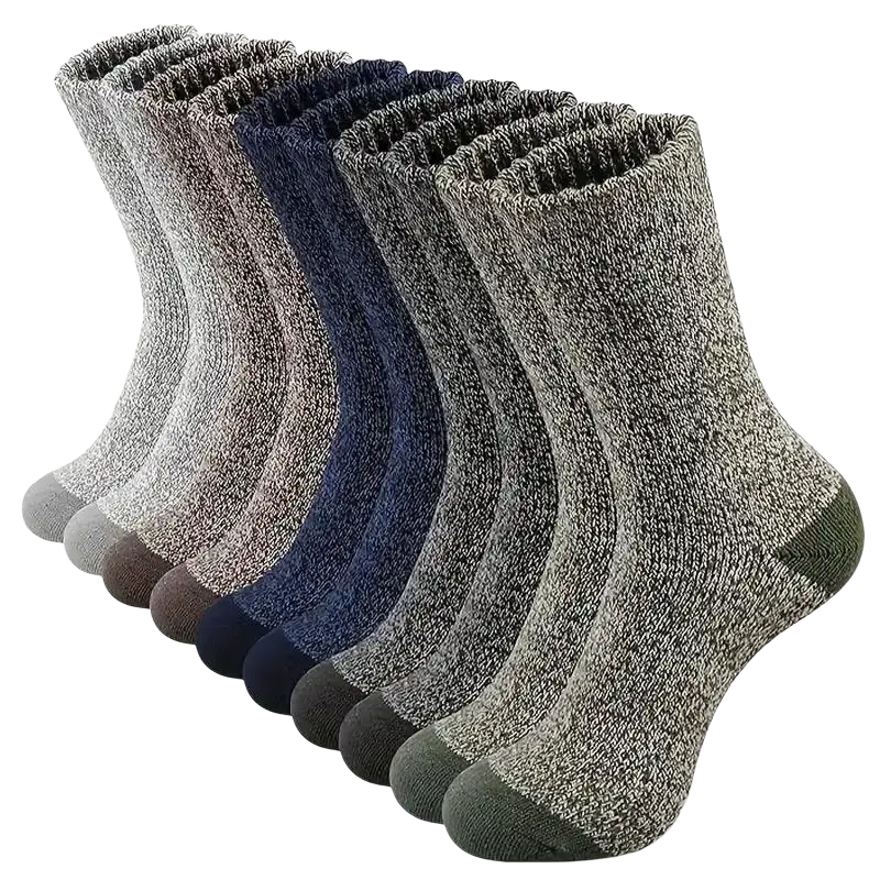 Set of six men’s thick merino wool thermal hiking socks in heathered gray navy blue and olive green with reinforced toes