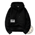 Men’s thick polar fleece black hoodie with white rectangular patch featuring lura text and mountain graphic on chest