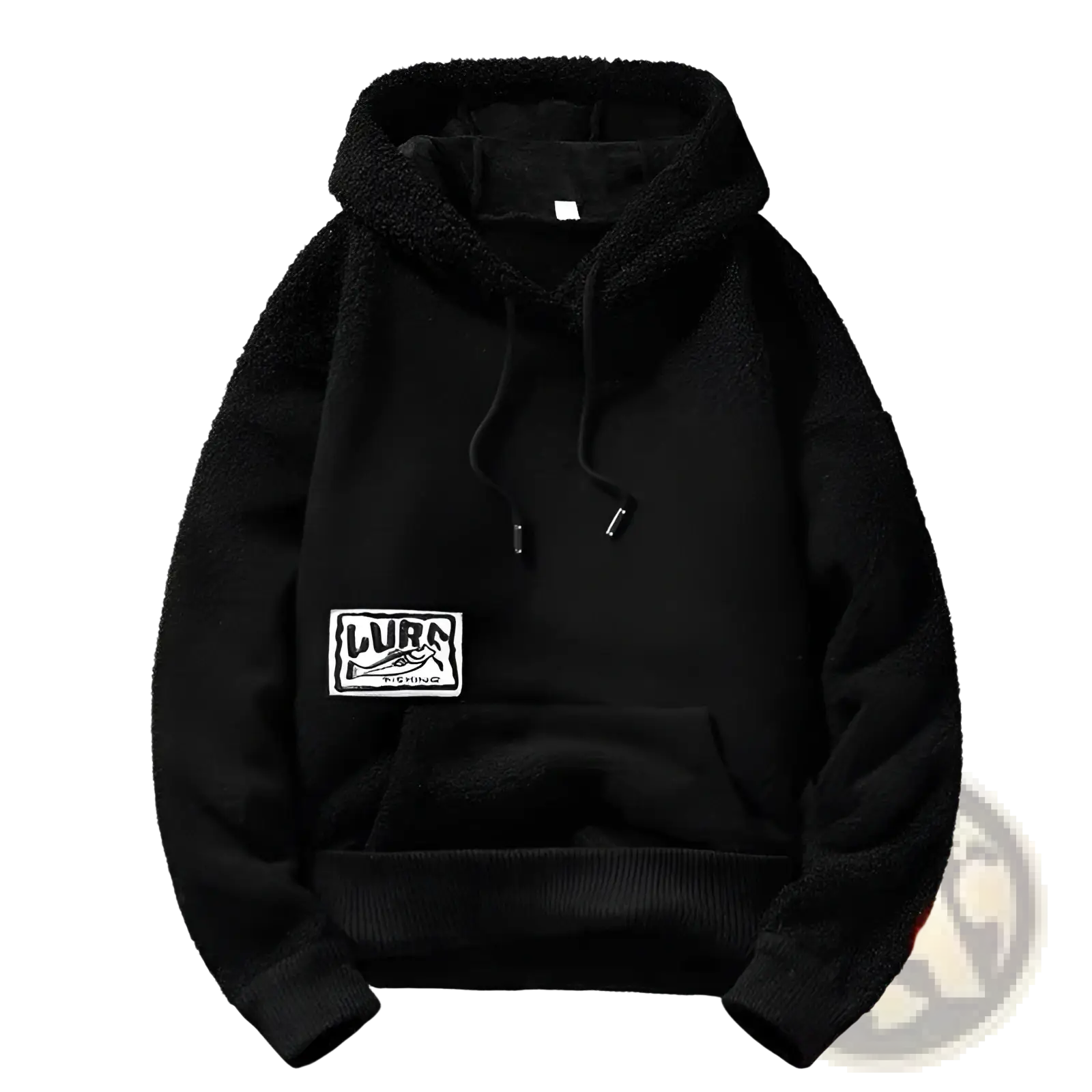 Men’s thick polar fleece black hoodie with white rectangular patch featuring lura text and mountain graphic on chest