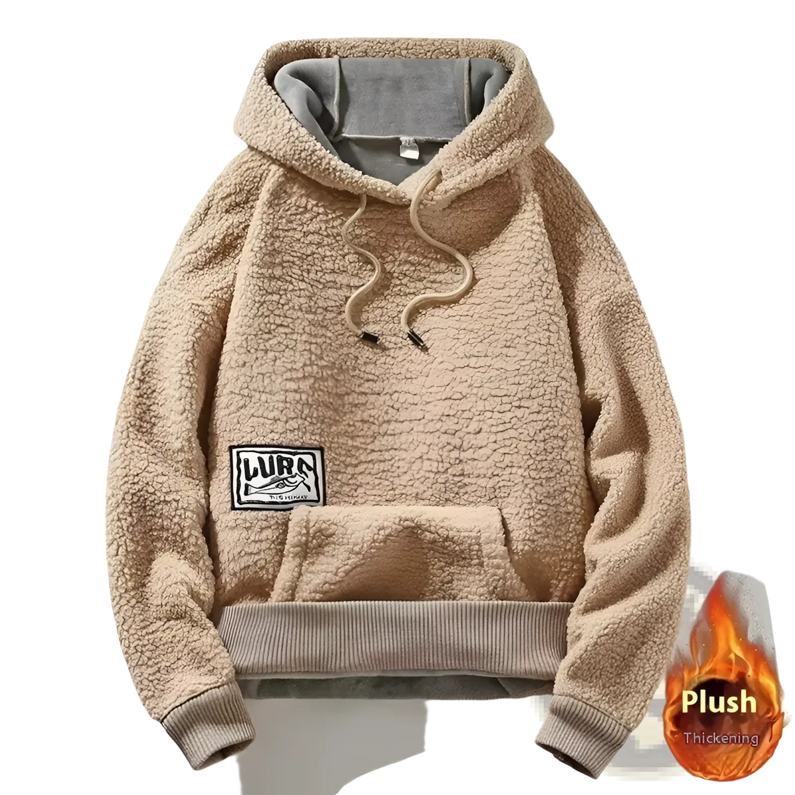 Men’s thick polar fleece mountain graphic hoodie beige plush fleece with gray-lined hood ribbed cuffs and lura logo pocket