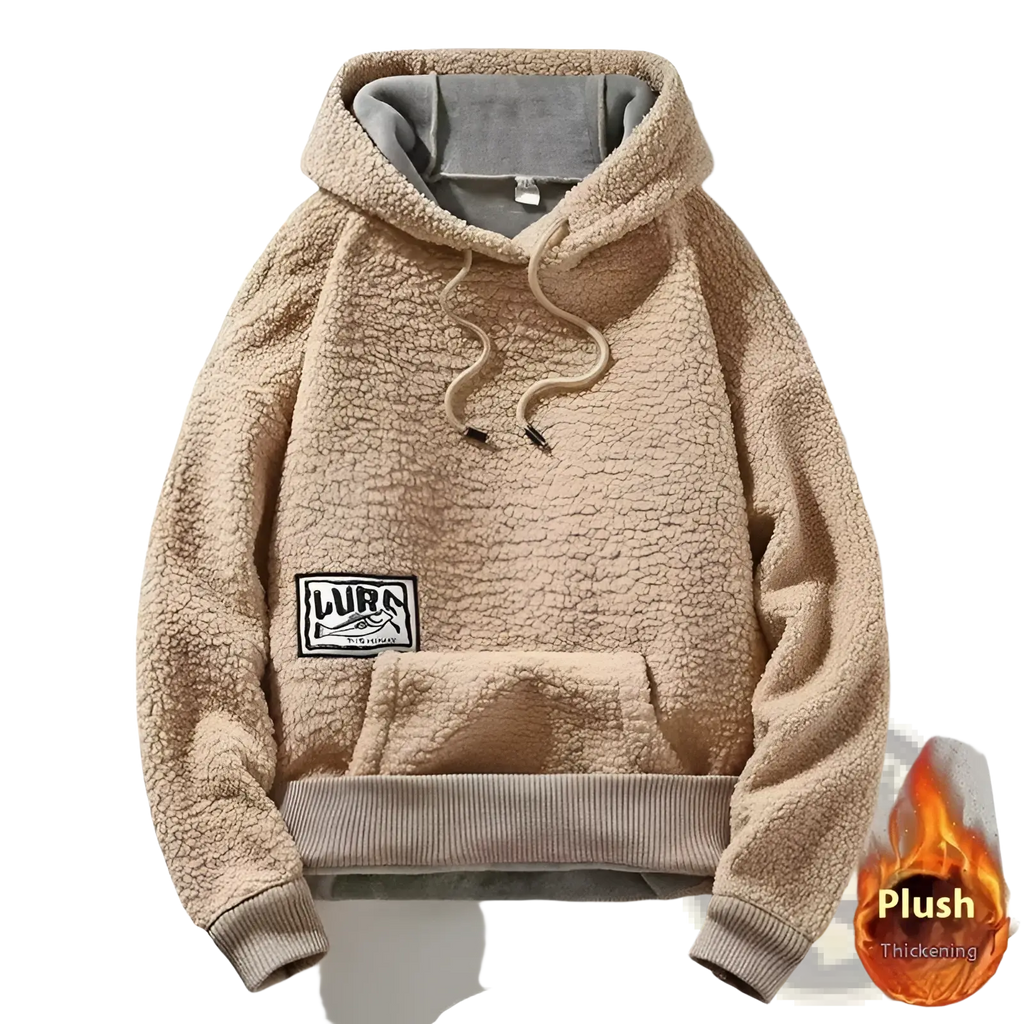 Beige men’s thick polar fleece hoodie with gray-lined hood, ribbed cuffs, and black and white lura patch on chest
