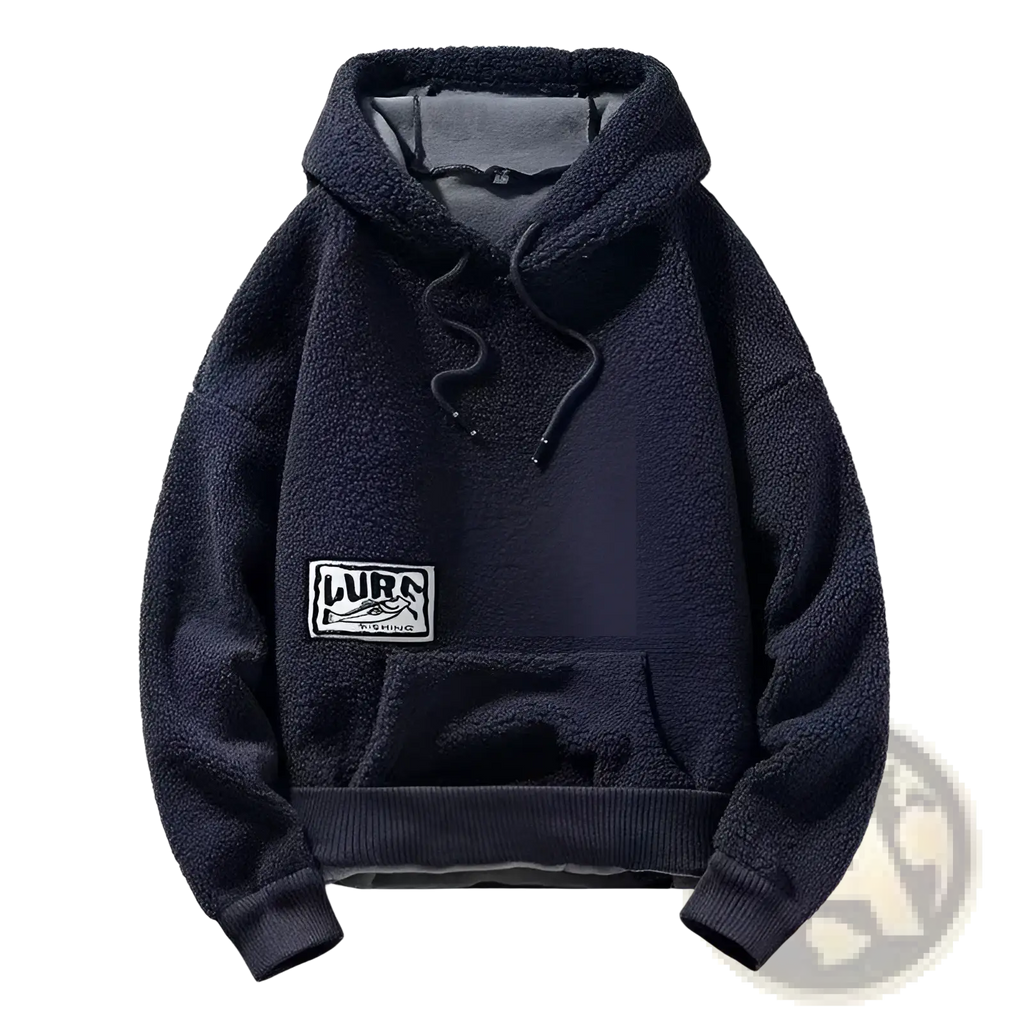 Men’s thick polar fleece hoodie in dark navy with white patch, black lettering, ribbed cuffs and hem, plush material
