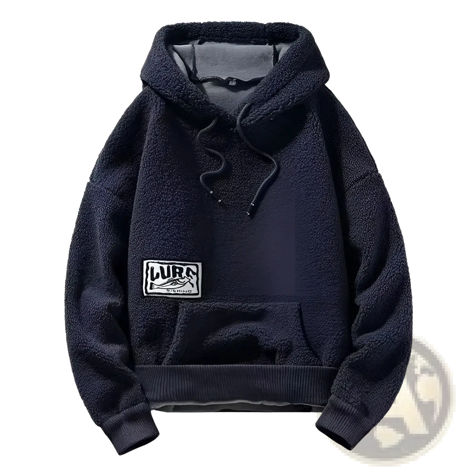 Men’s thick polar fleece hoodie in dark navy with white patch, black lettering, ribbed cuffs and hem, plush material