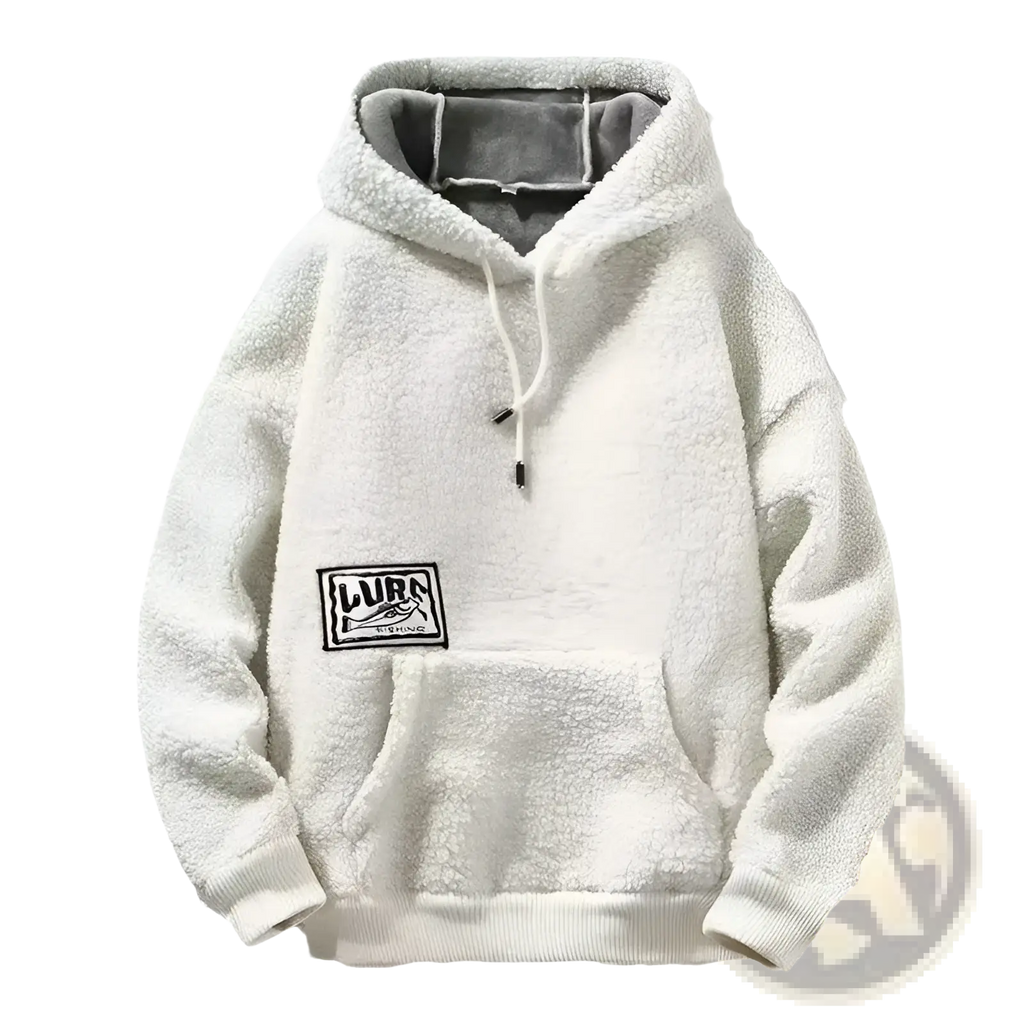 Men’s thick polar fleece mountain graphic hoodie in white with black embroidered patch and gray-lined hood