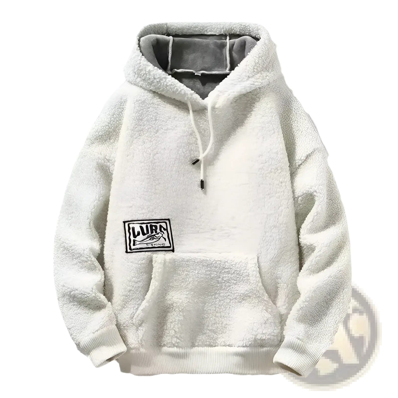Men’s thick polar fleece mountain graphic hoodie in white with black embroidered patch and gray-lined hood