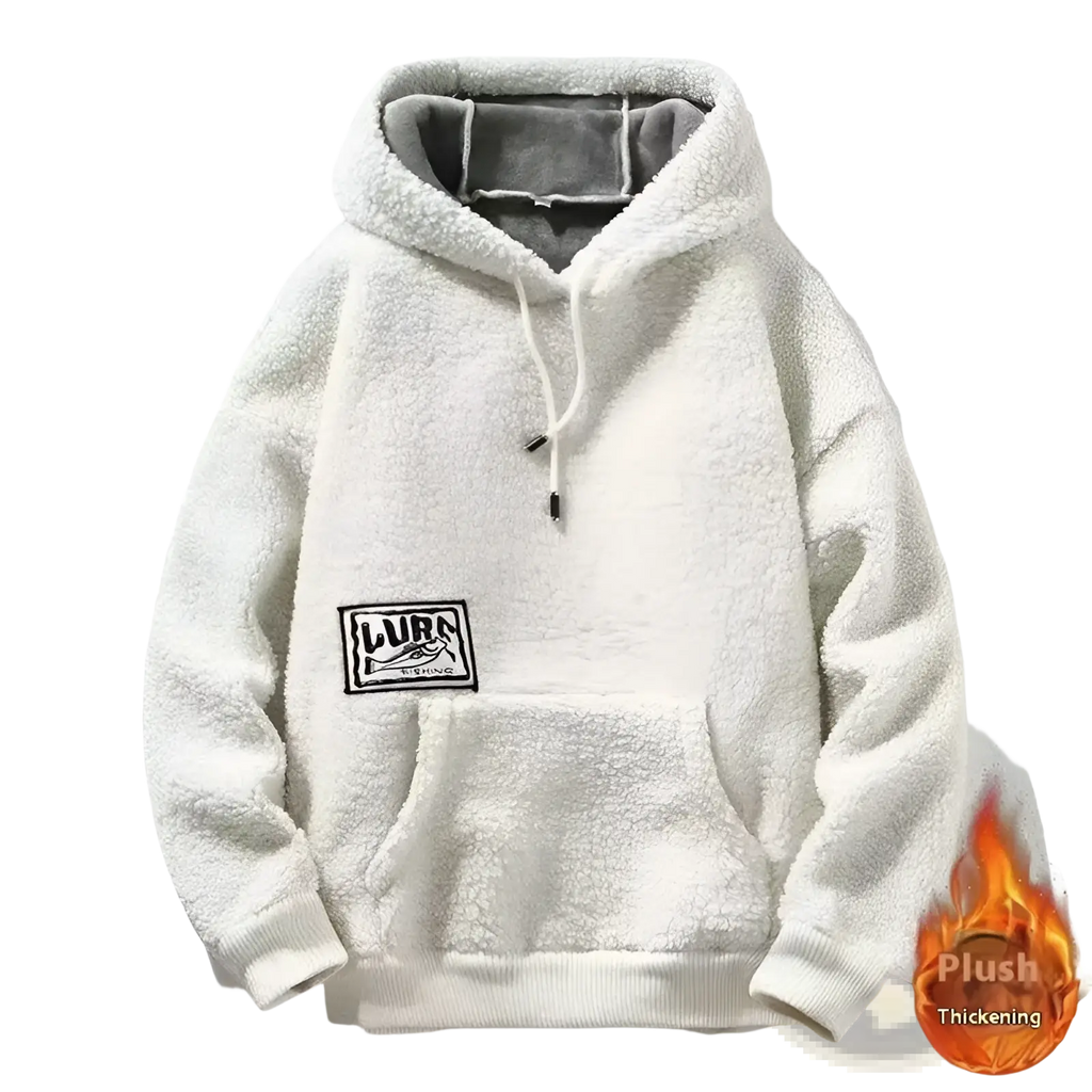 Men’s thick polar fleece mountain graphic hoodie in white plush fleece with gray-lined hood and black chest patch