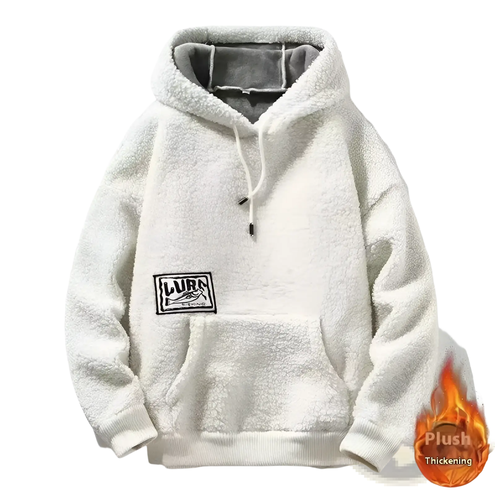 Men’s thick polar fleece mountain graphic hoodie in white plush fleece with gray-lined hood and black chest patch