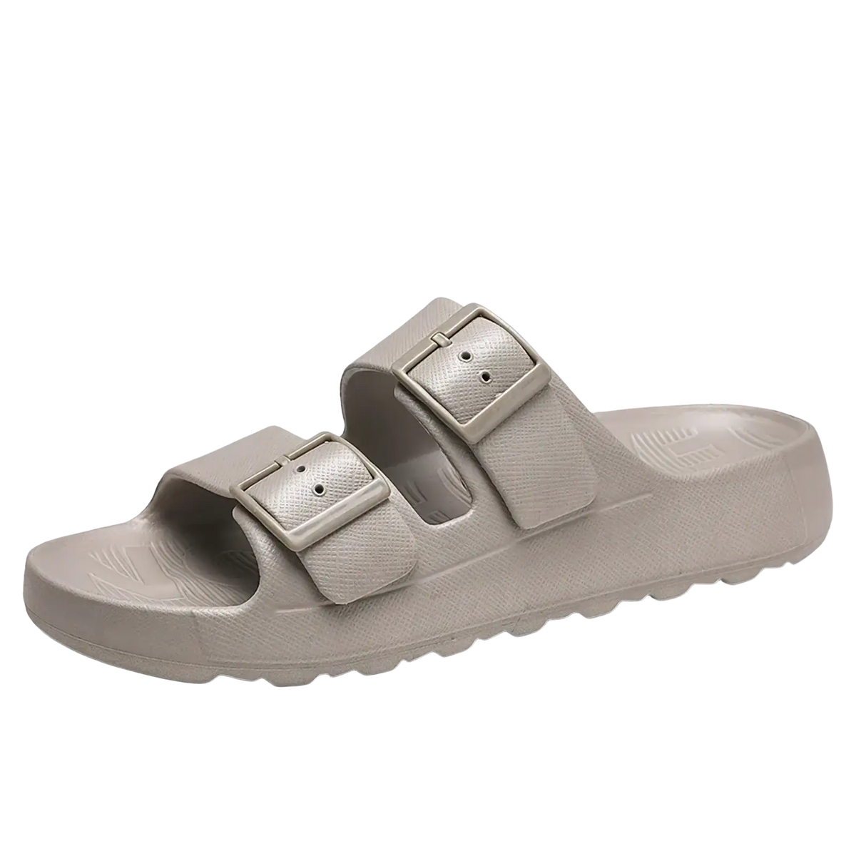 Beige men’s thick sole eva slide sandals with two adjustable buckle straps made of rubber