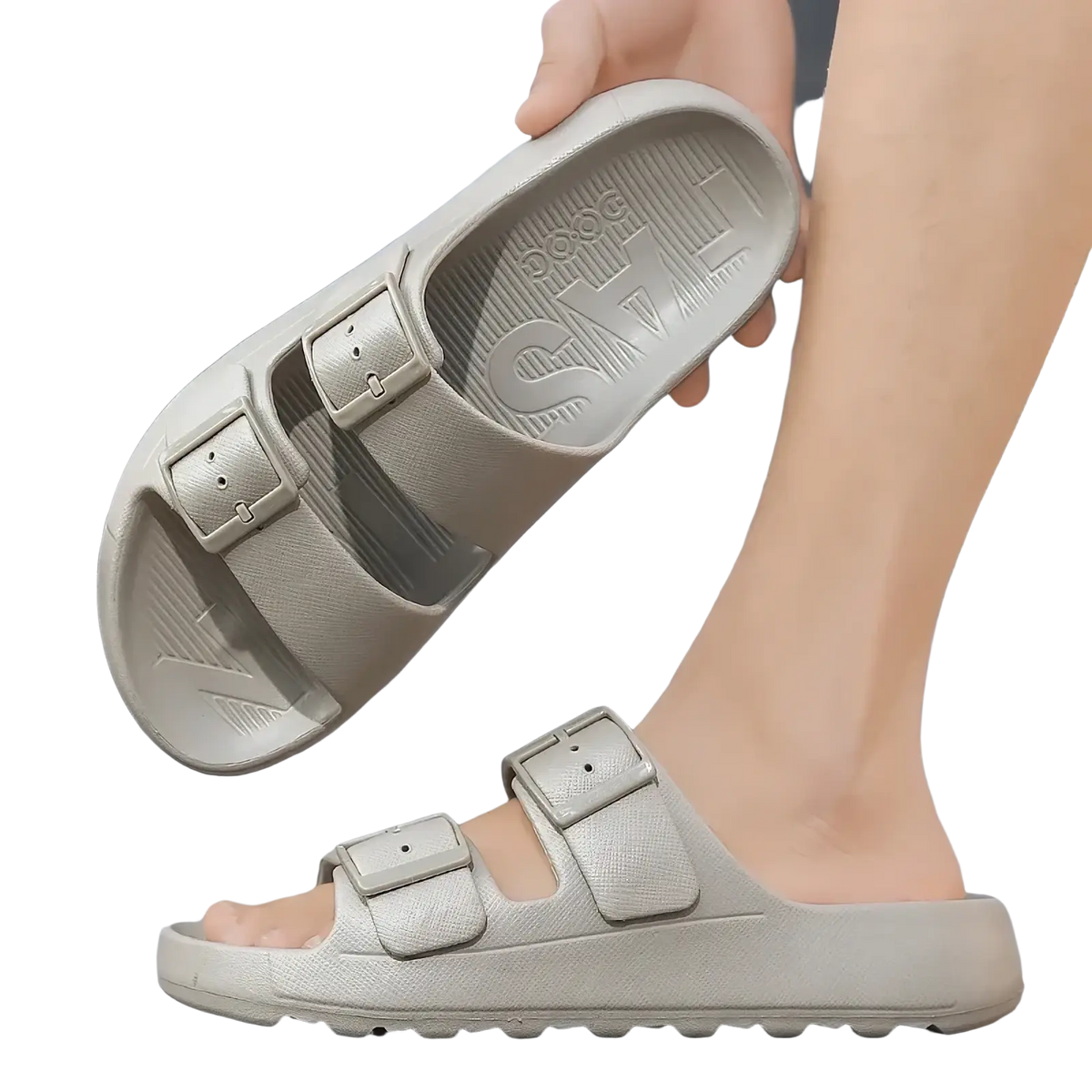 Men’s thick sole eva slide sandals in beige rubber with two adjustable buckle straps and a textured sole