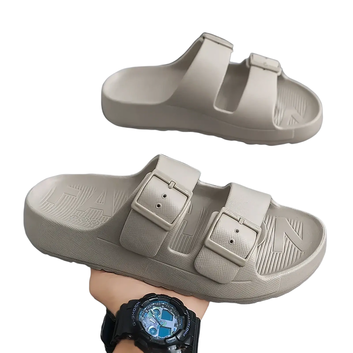 Beige men’s thick sole eva slide sandals with two adjustable buckle straps and a textured sole