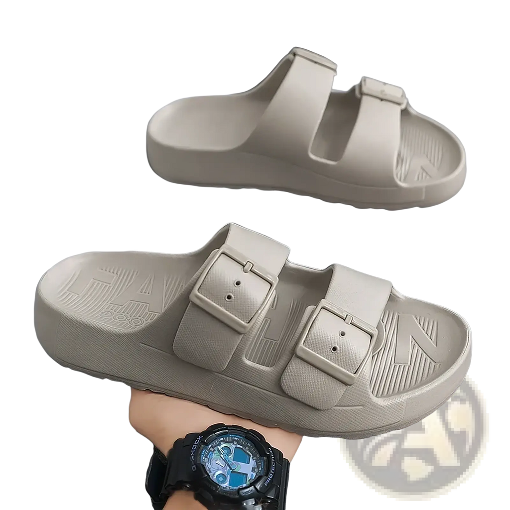 Beige men’s thick sole eva slide sandals with two adjustable buckle straps and a textured sole