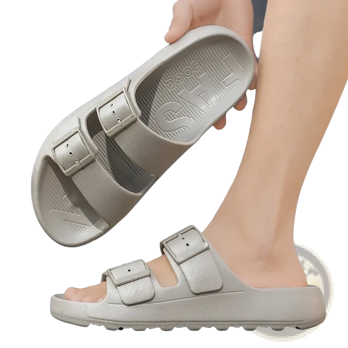 Men’s thick sole eva slide sandals in beige rubber with two adjustable buckle straps and a textured sole