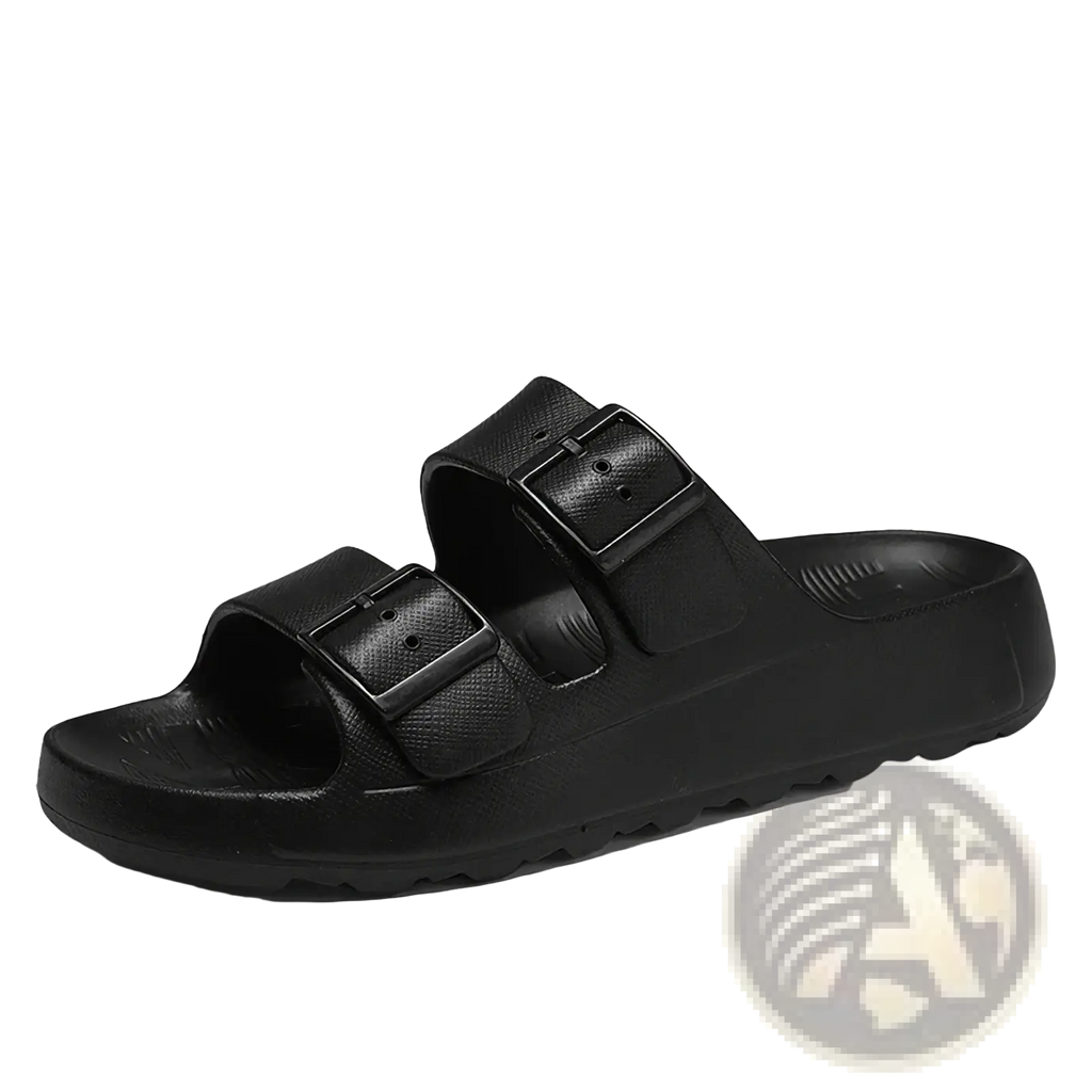 Black rubber men’s thick sole eva slide sandals with two adjustable strap buckles for casual wear