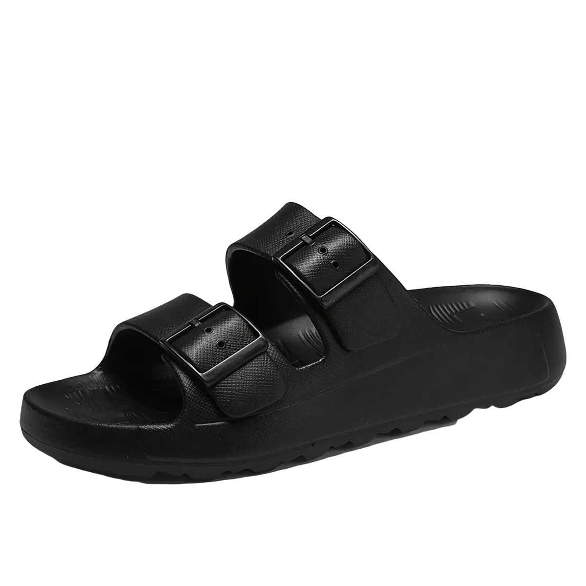 Black rubber men’s thick sole eva slide sandals with two adjustable strap buckles for casual wear