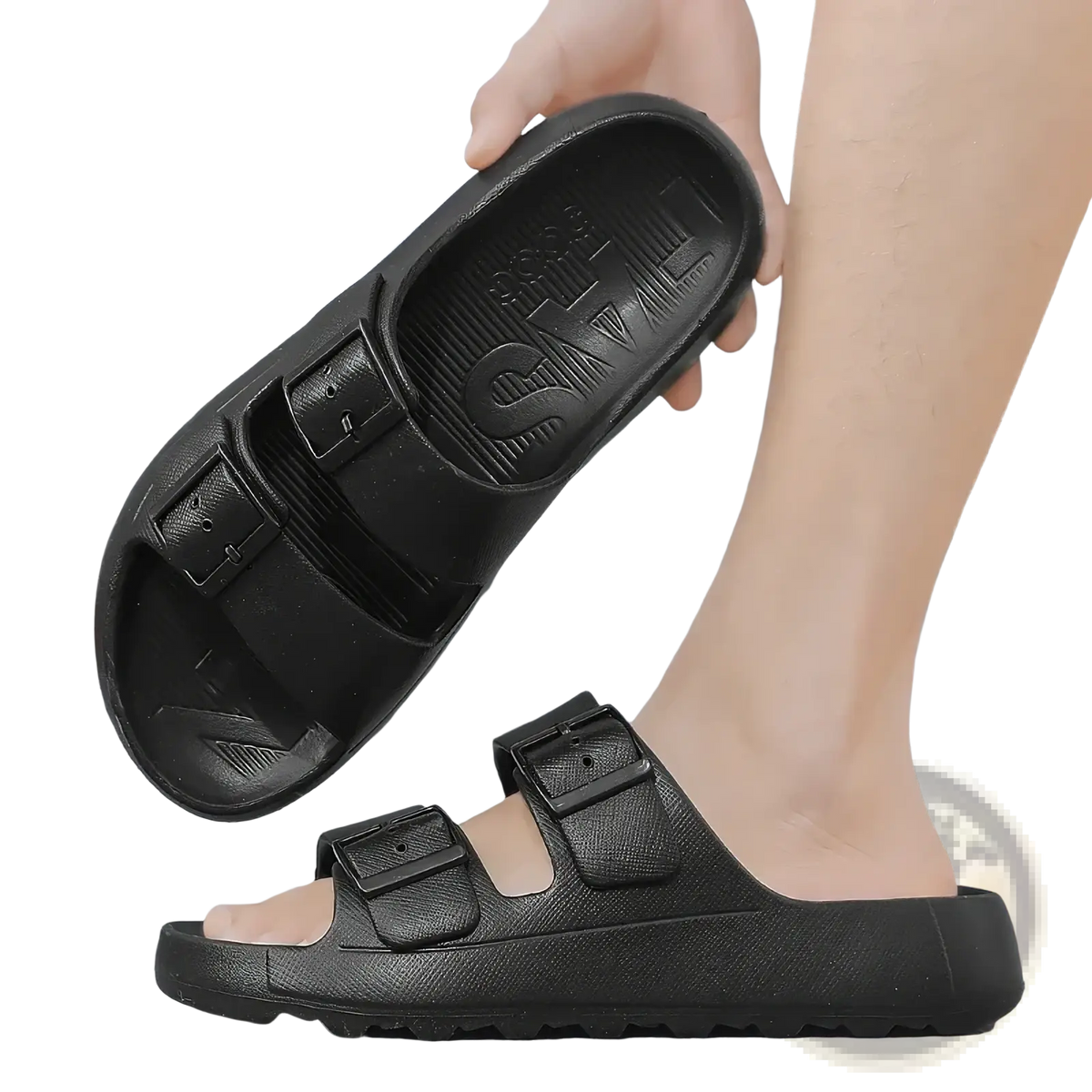 Black men’s thick sole eva slide sandals with two adjustable buckle straps and a textured rubber sole