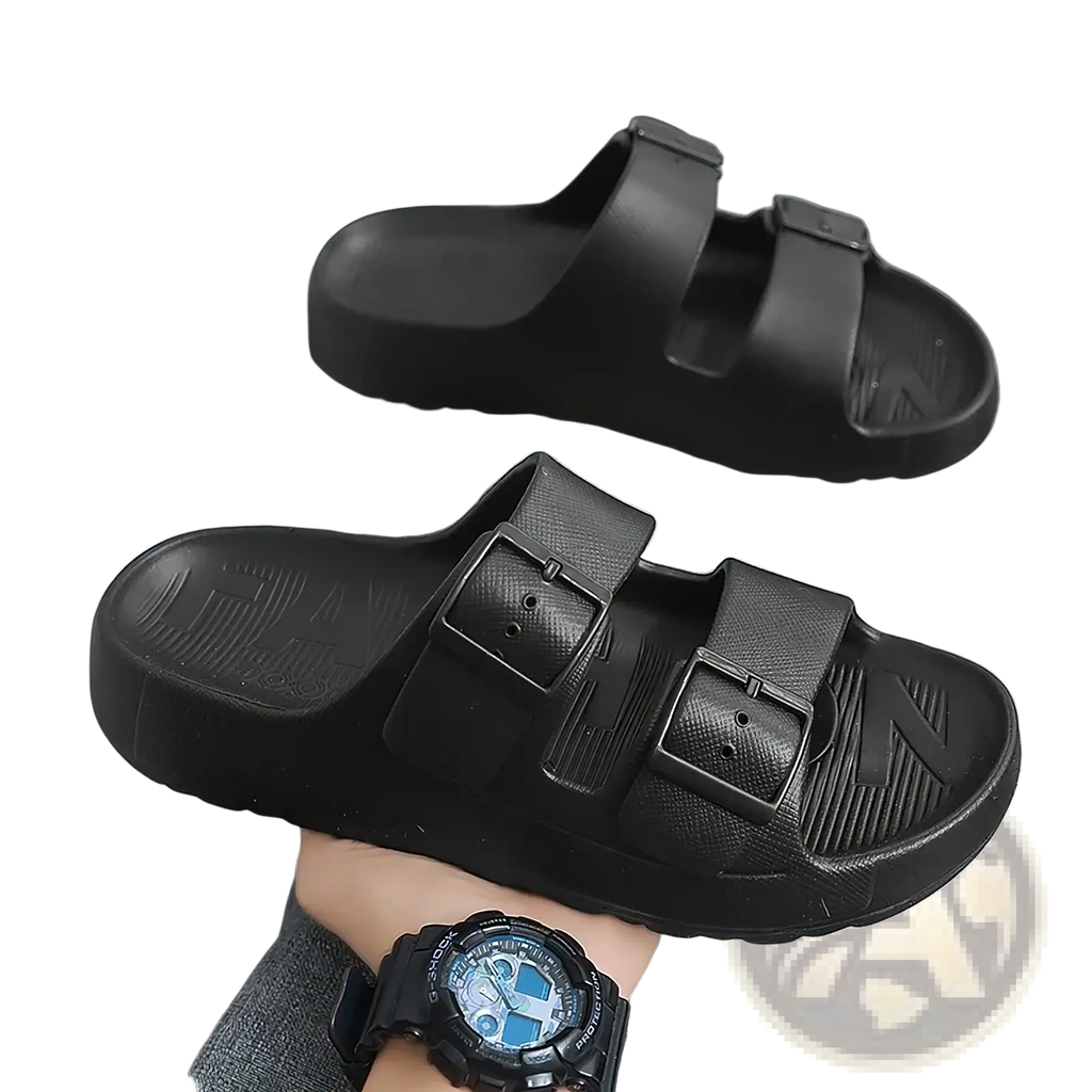 Black rubber men’s thick sole eva slide sandals with two adjustable buckle straps and a textured sole