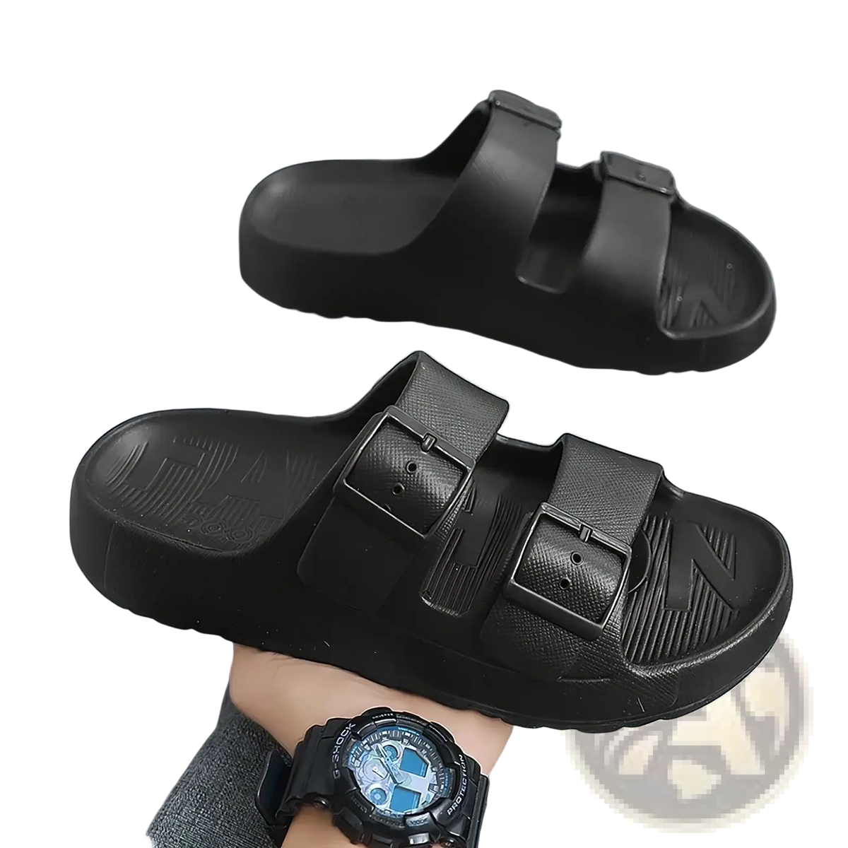 Black rubber men’s thick sole eva slide sandals with two adjustable buckle straps and a textured sole