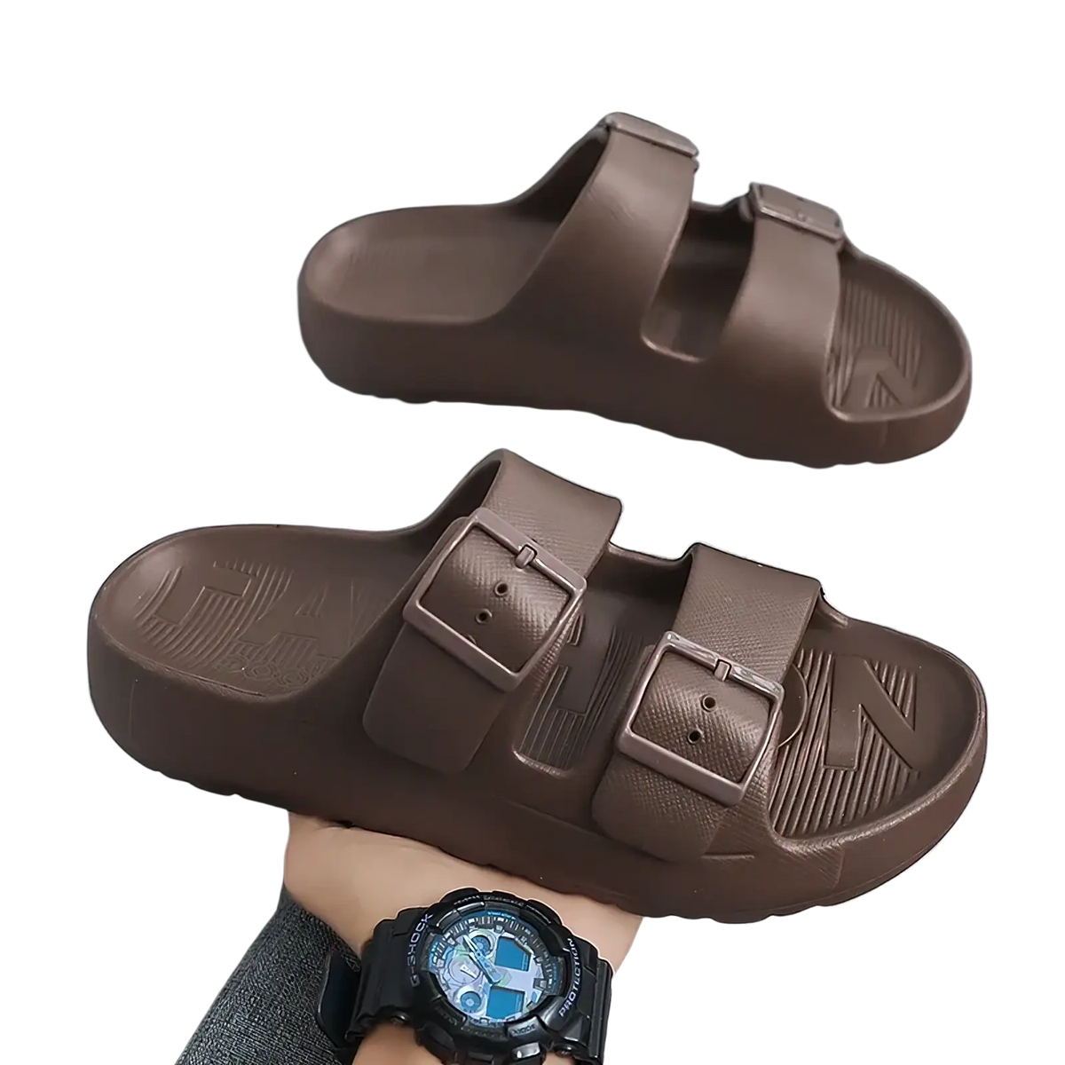 Men’s brown thick sole eva slide sandals with two adjustable buckle straps and textured sole in rubber material