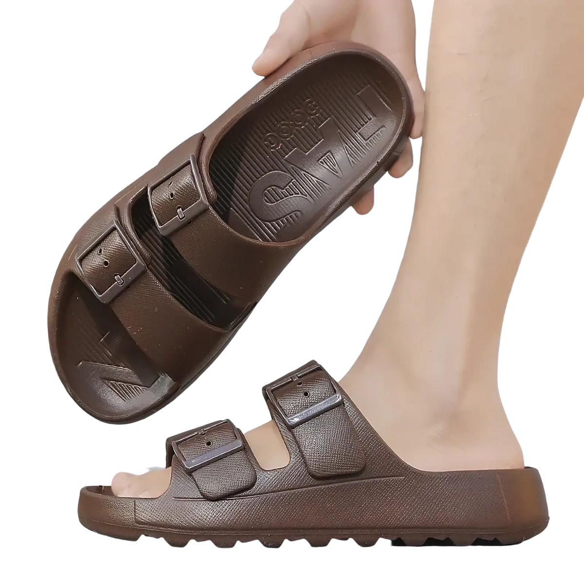 Men’s brown thick sole EVA slide sandals with two adjustable buckle straps and textured sole for casual wear