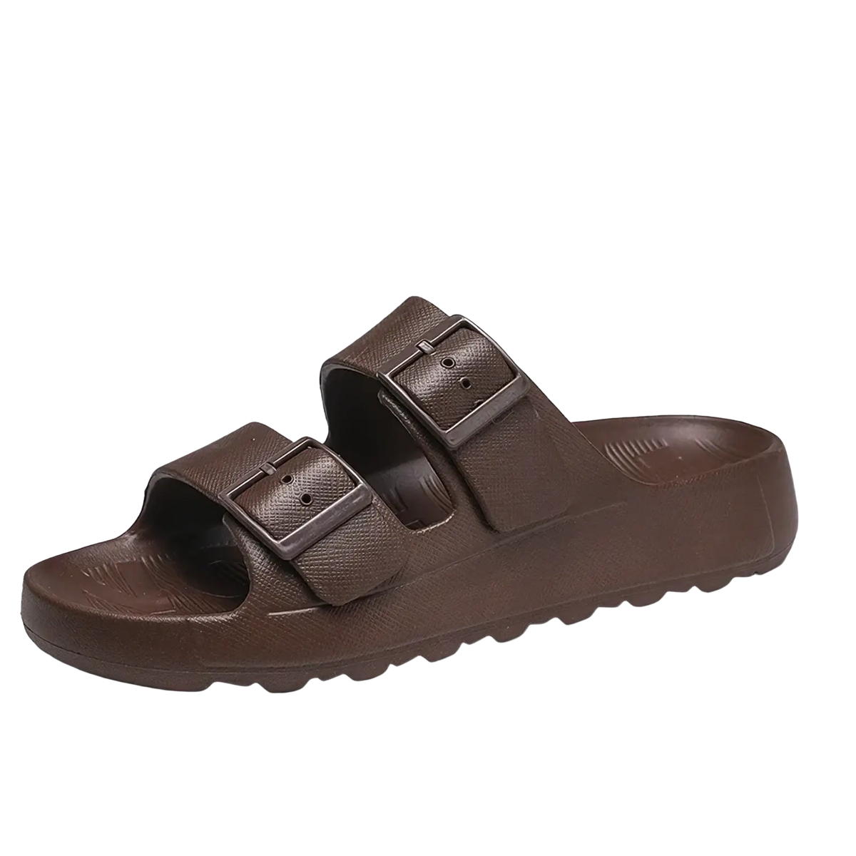Men’s brown thick sole eva slide sandals with adjustable strap buckles and textured cushioned rubber sole