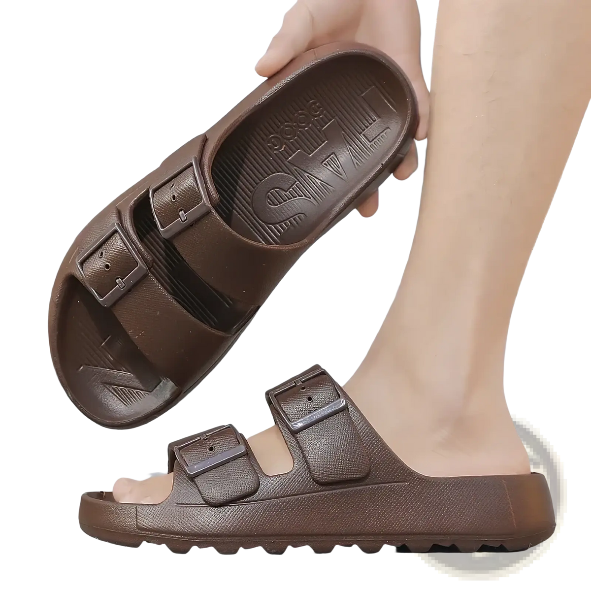 Men’s brown thick sole EVA slide sandals with two adjustable buckle straps and textured sole for casual wear