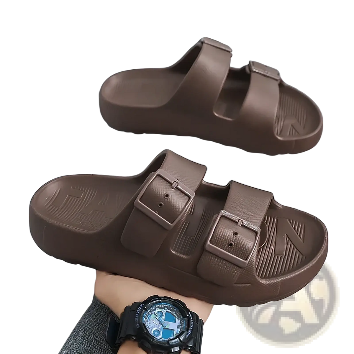 Men’s brown thick sole eva slide sandals with two adjustable buckle straps and textured sole in rubber material