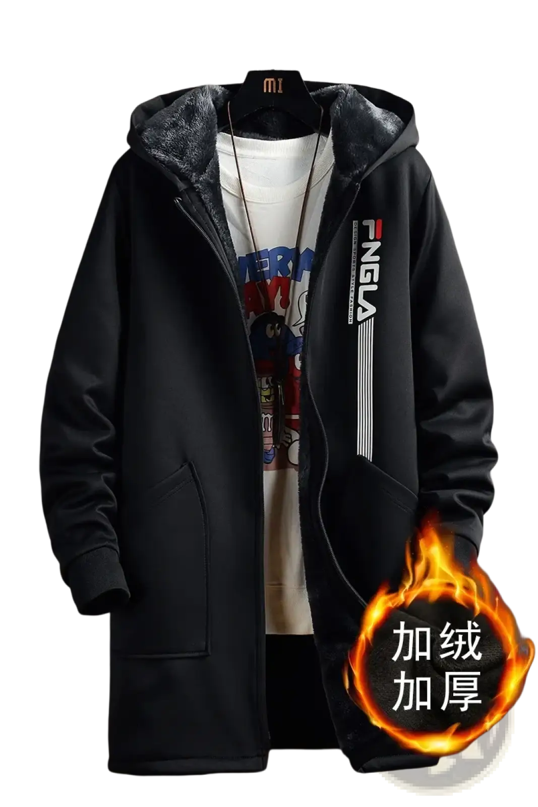 Men’s thick winter fleece trench coat black hooded jacket with plush gray lining and white red sleeve branding