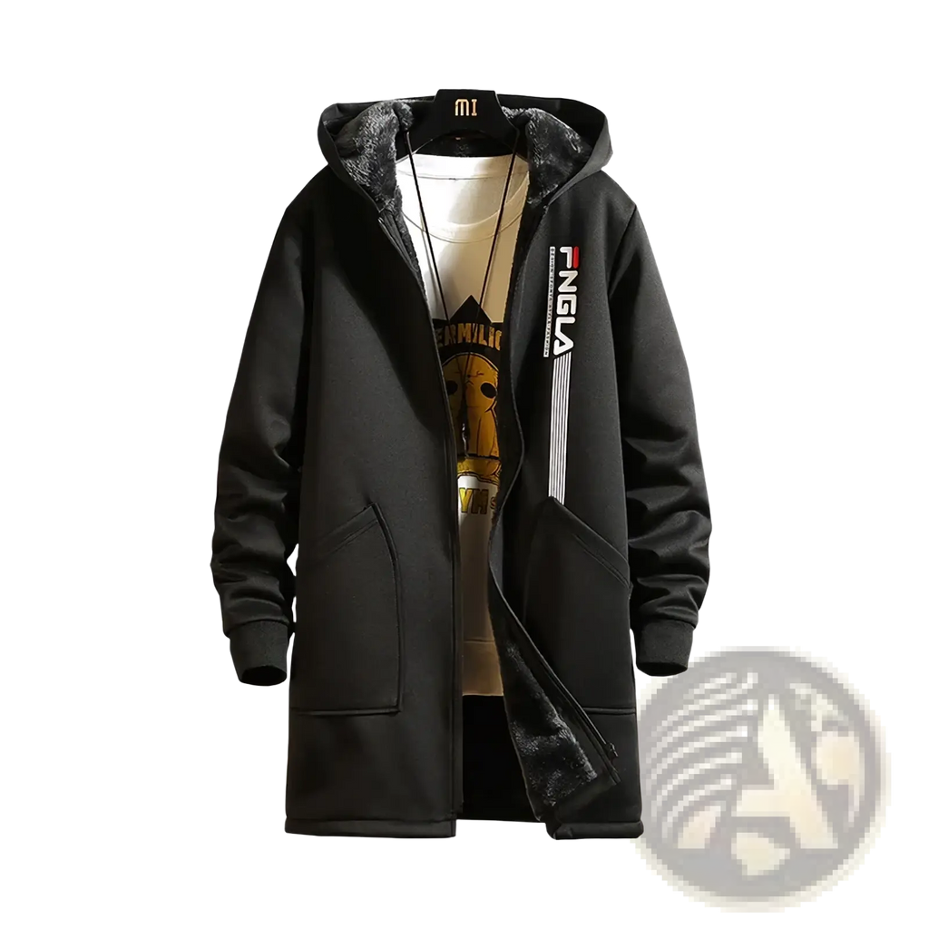 Men’s thick winter fleece trench coat in black with plush dark gray lining and vertical white stripes on the left sleeve