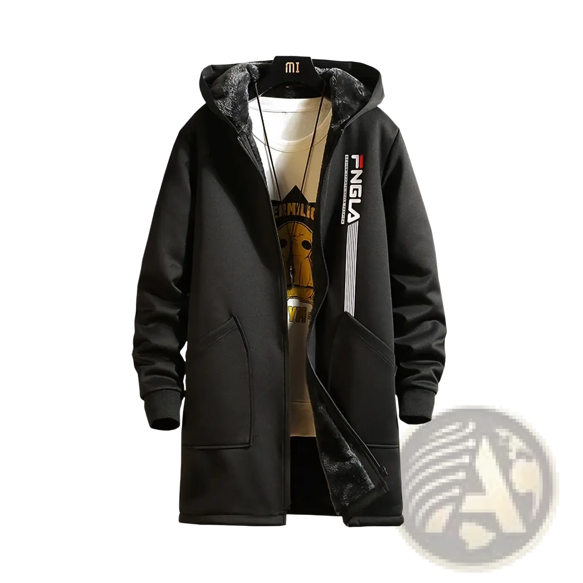 Men’s thick winter fleece trench coat in black with plush dark gray lining and vertical white stripes on the left sleeve