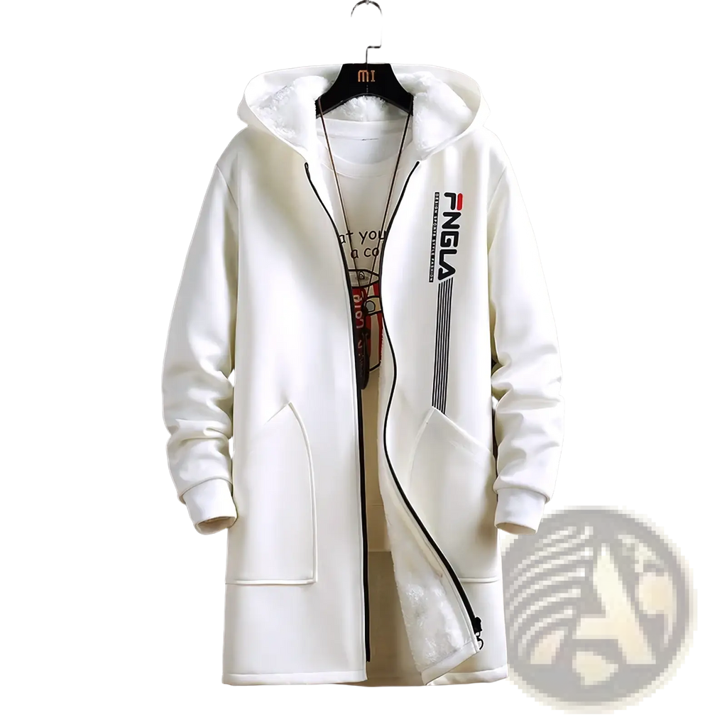 Men’s thick winter fleece trench coat in white with black zipper, side stripes, plush-lined hood, and front pockets