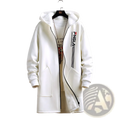 Men’s thick winter fleece trench coat in white with black zipper, side stripes, plush-lined hood, and front pockets