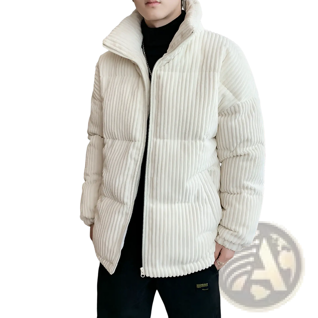 Cream-colored men’s thickened corduroy puffer jacket with high collar and vertical ribbed texture
