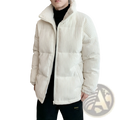 Cream-colored men’s thickened corduroy puffer jacket with high collar and vertical ribbed texture