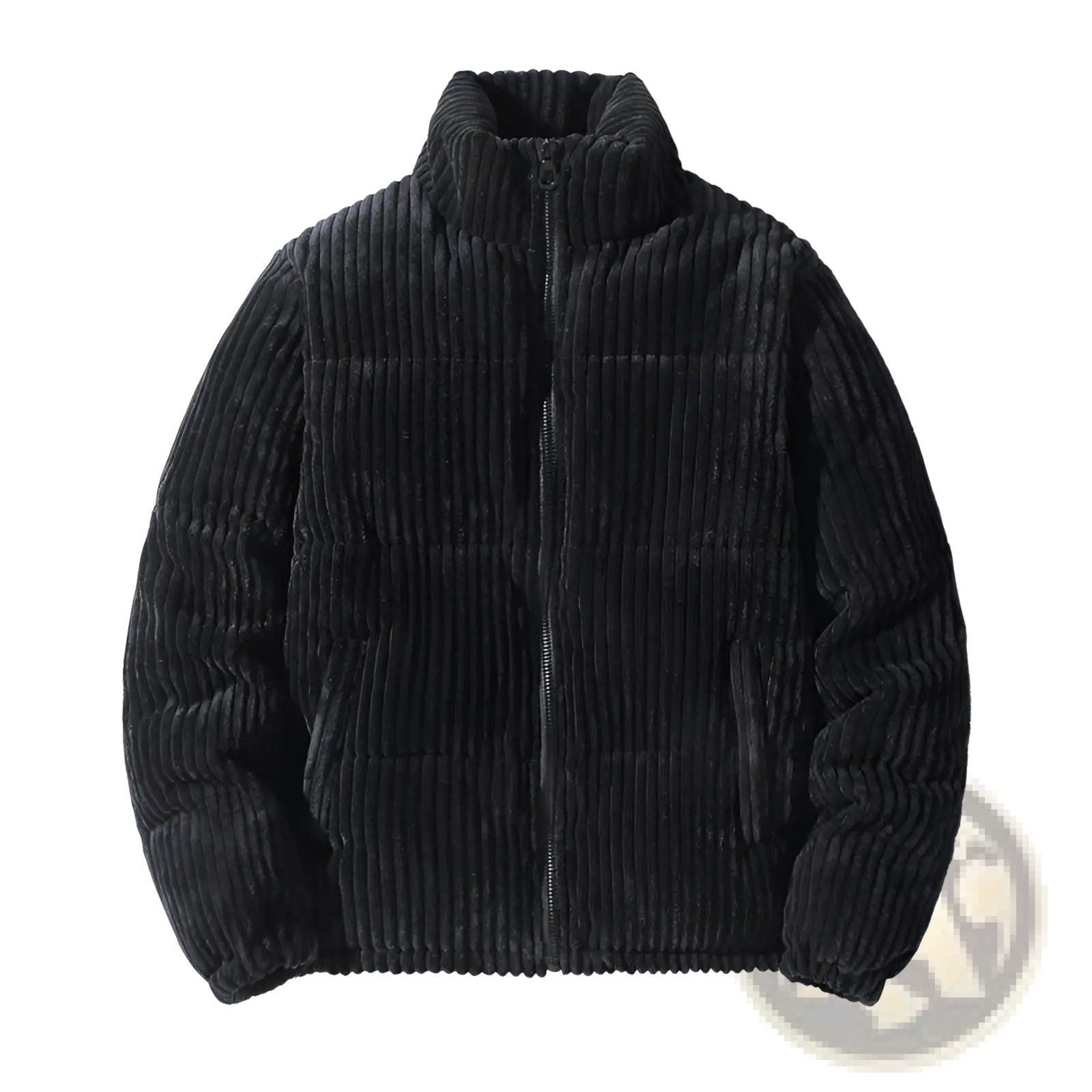 Men’s thickened black corduroy puffer jacket with high collar and front zipper for cold weather