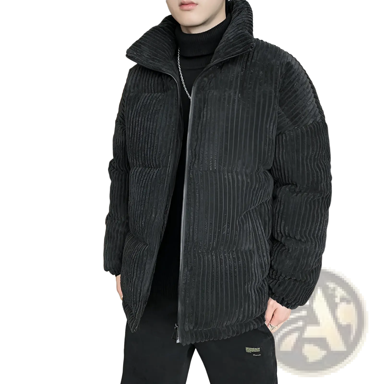 Men’s thickened black corduroy puffer jacket with high collar and front zipper for added warmth and style