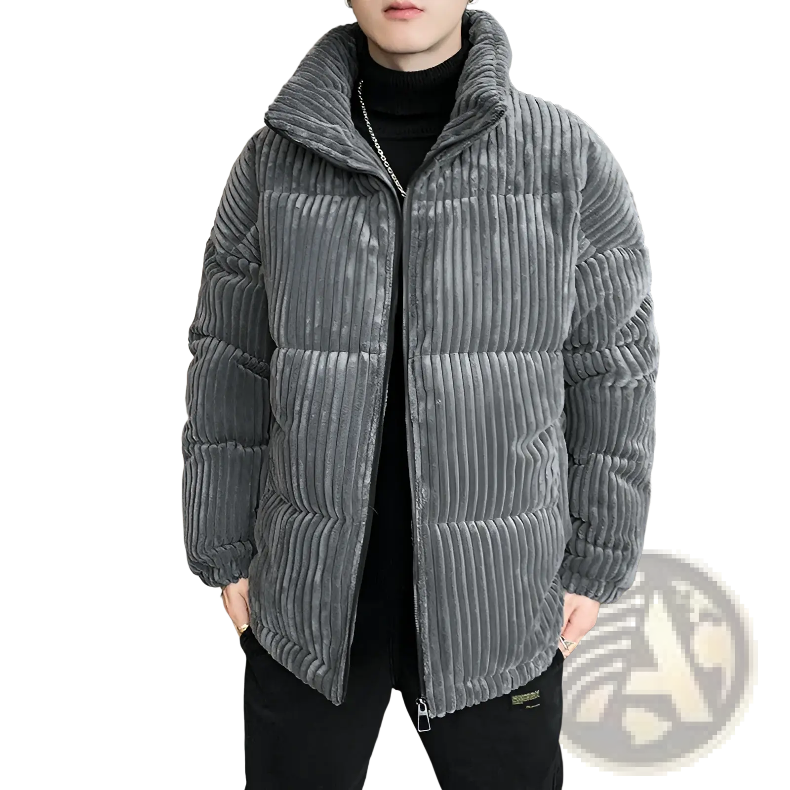 Men’s thickened gray corduroy puffer jacket with quilted design and high collar for cold weather