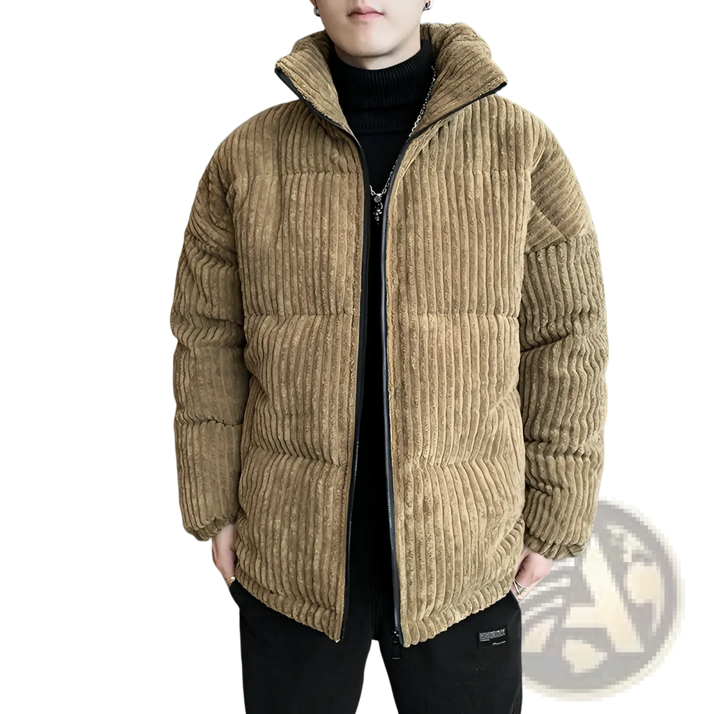 Men’s thickened tan corduroy puffer jacket with quilted design, high collar, hood, and warm padded insulation