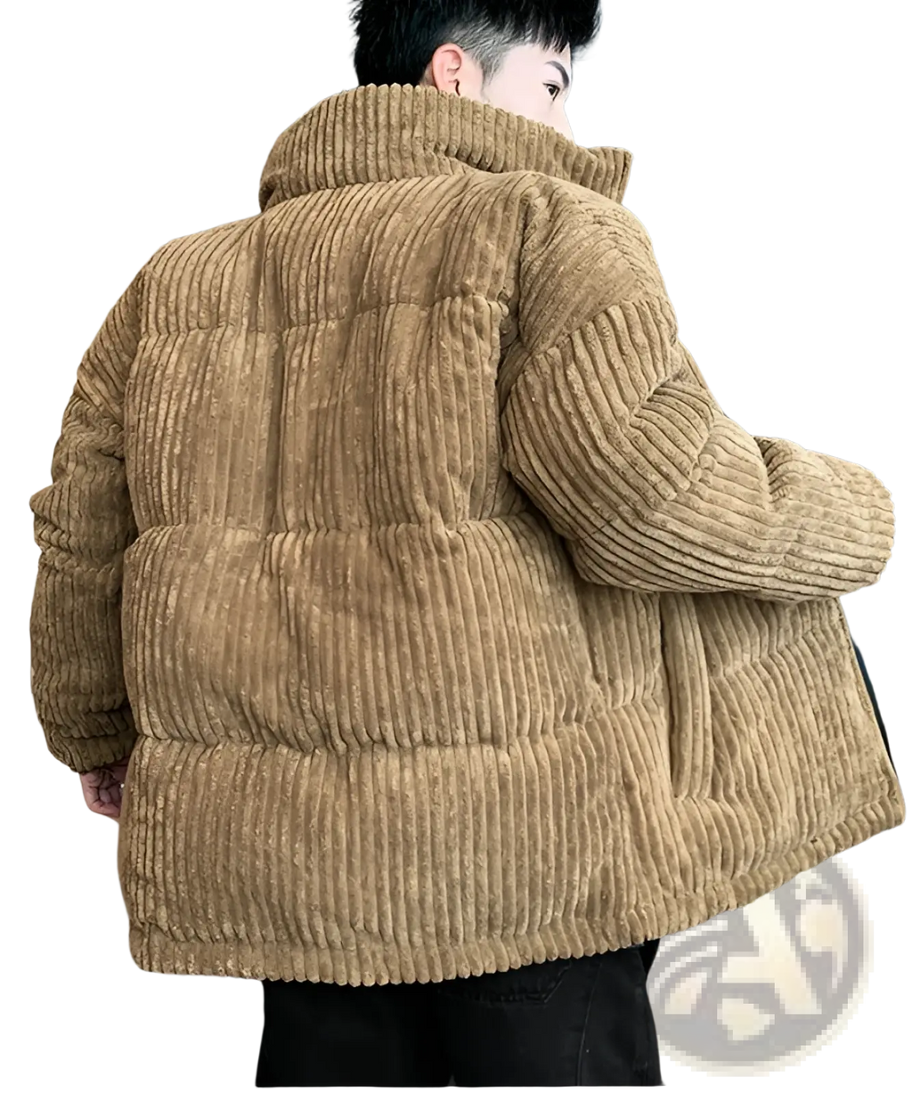 Men’s thickened tan corduroy puffer jacket featuring a high collar and ribbed texture for warmth and style