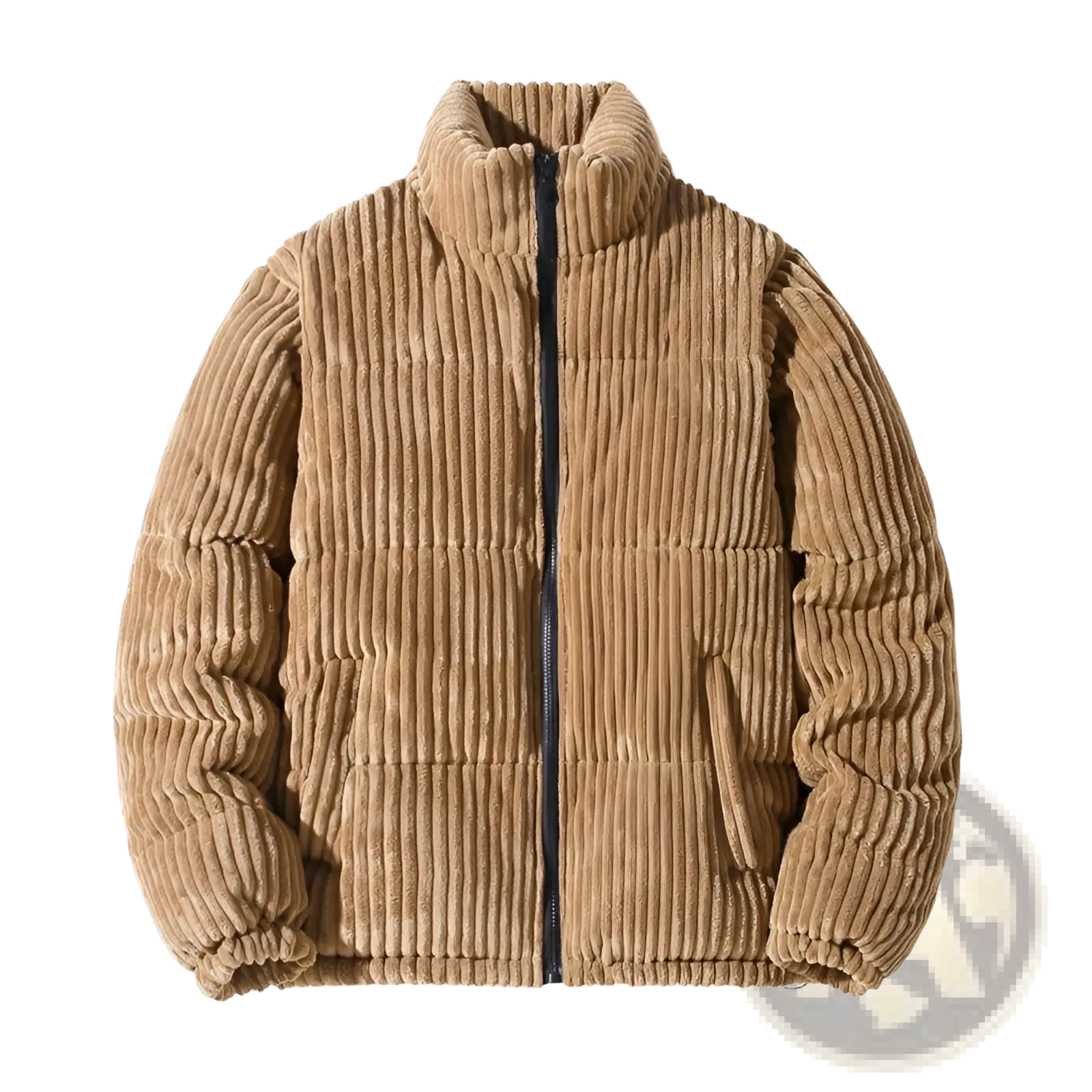 Men’s thickened corduroy puffer jacket in tan with high collar and black zipper for enhanced warmth and style