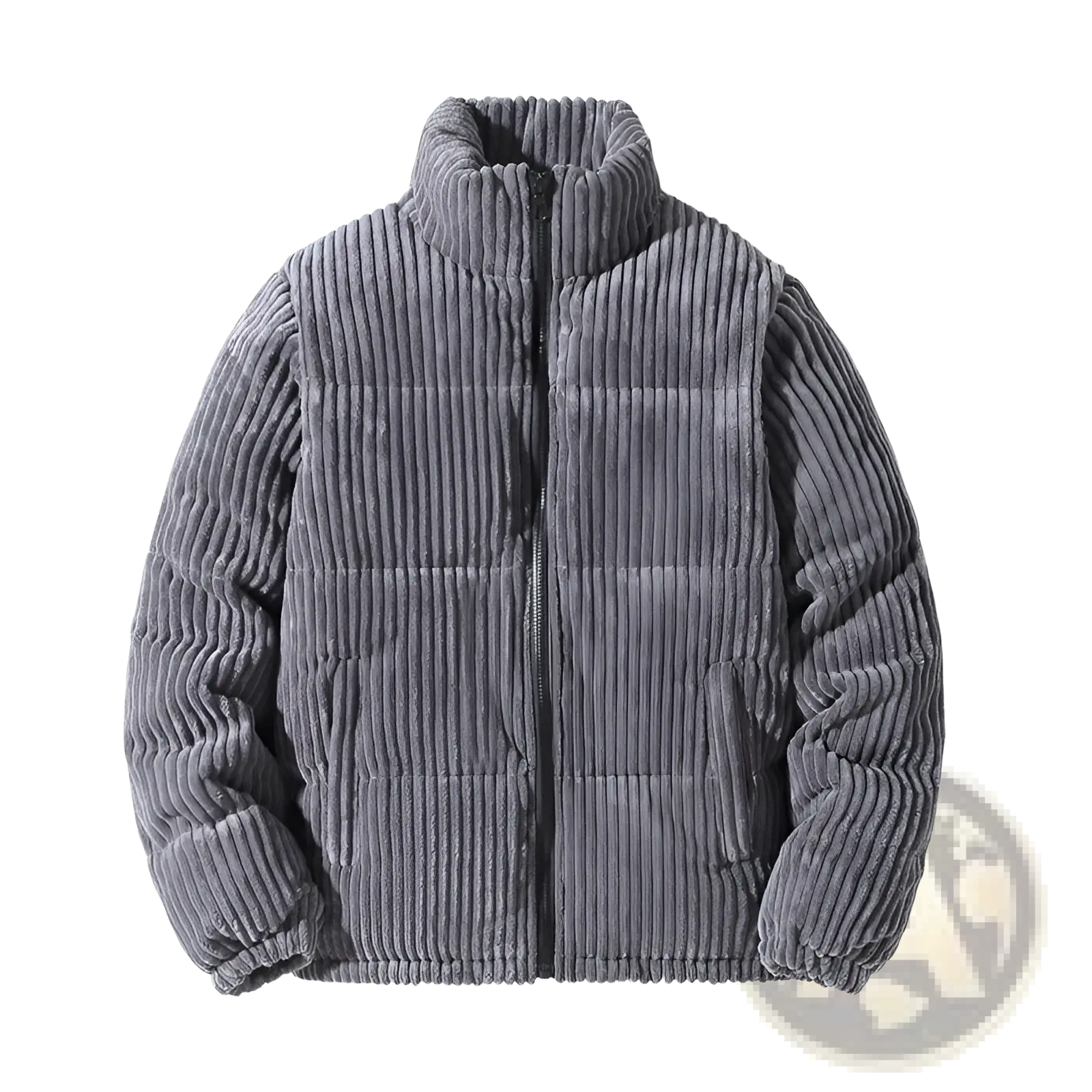 Men’s thickened gray corduroy puffer jacket with high collar and front zipper for cold weather use