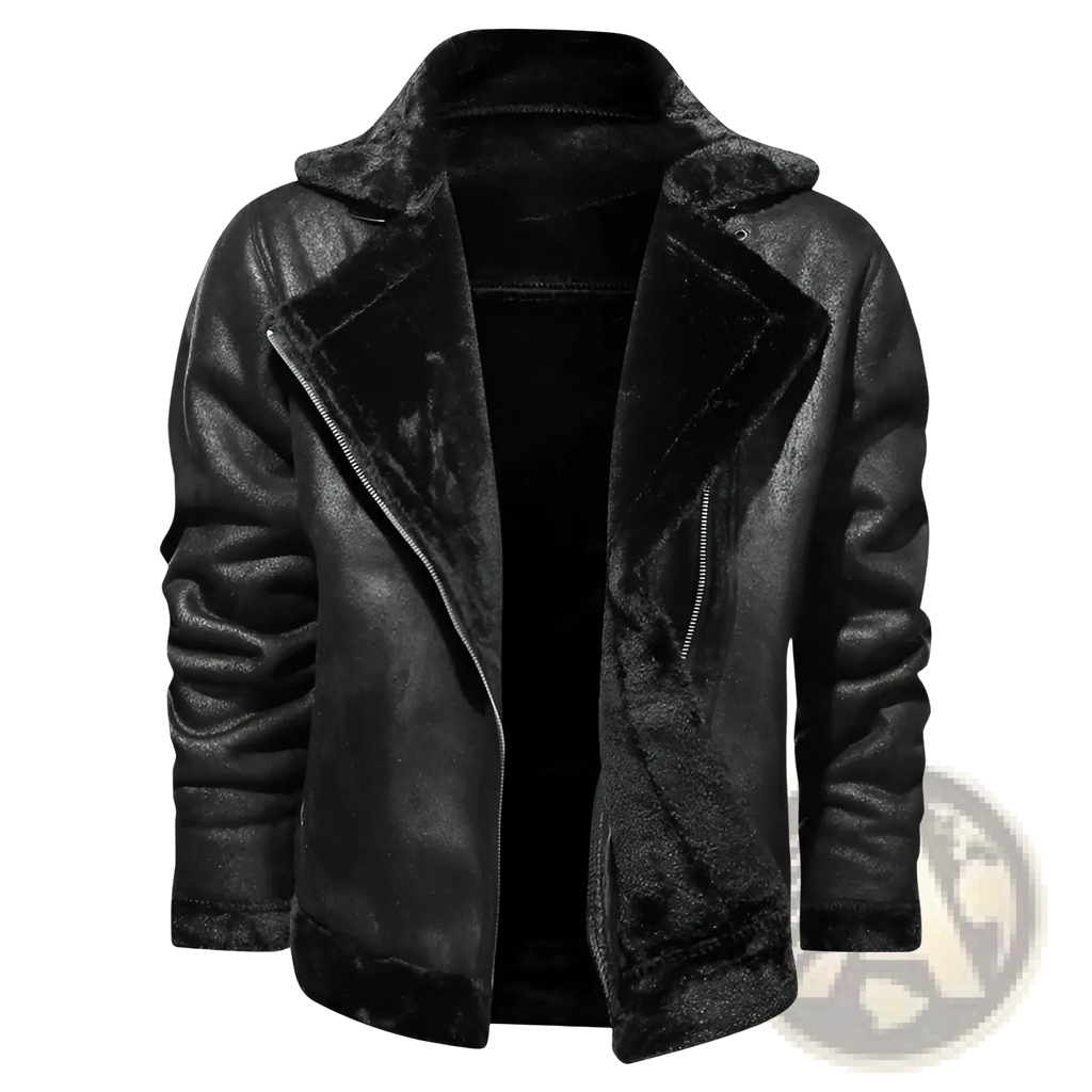 Men’s black thickened fur shearling bomber jacket with plush soft interior lining and classic collar