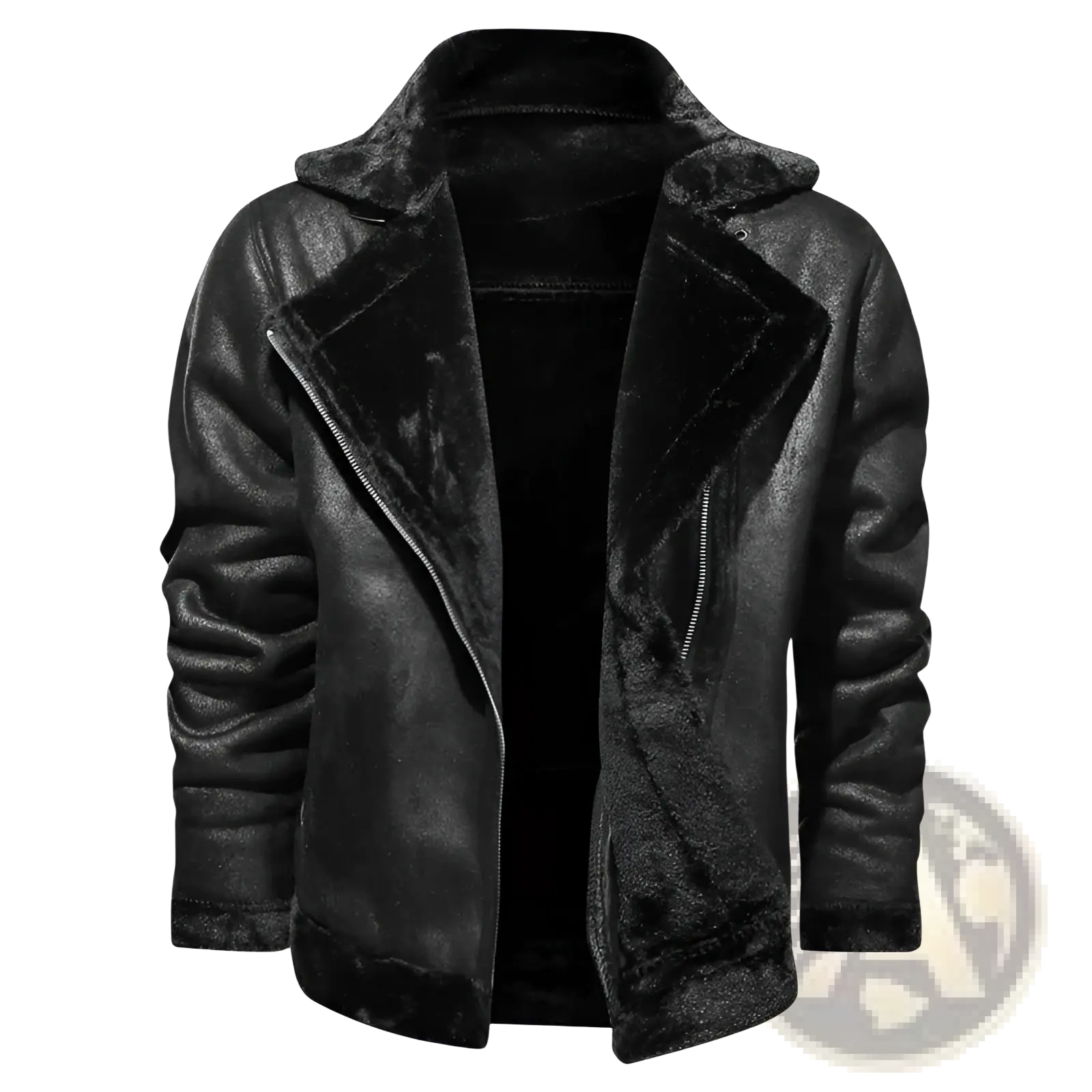 Men’s black thickened fur shearling bomber jacket with plush soft interior lining and classic collar
