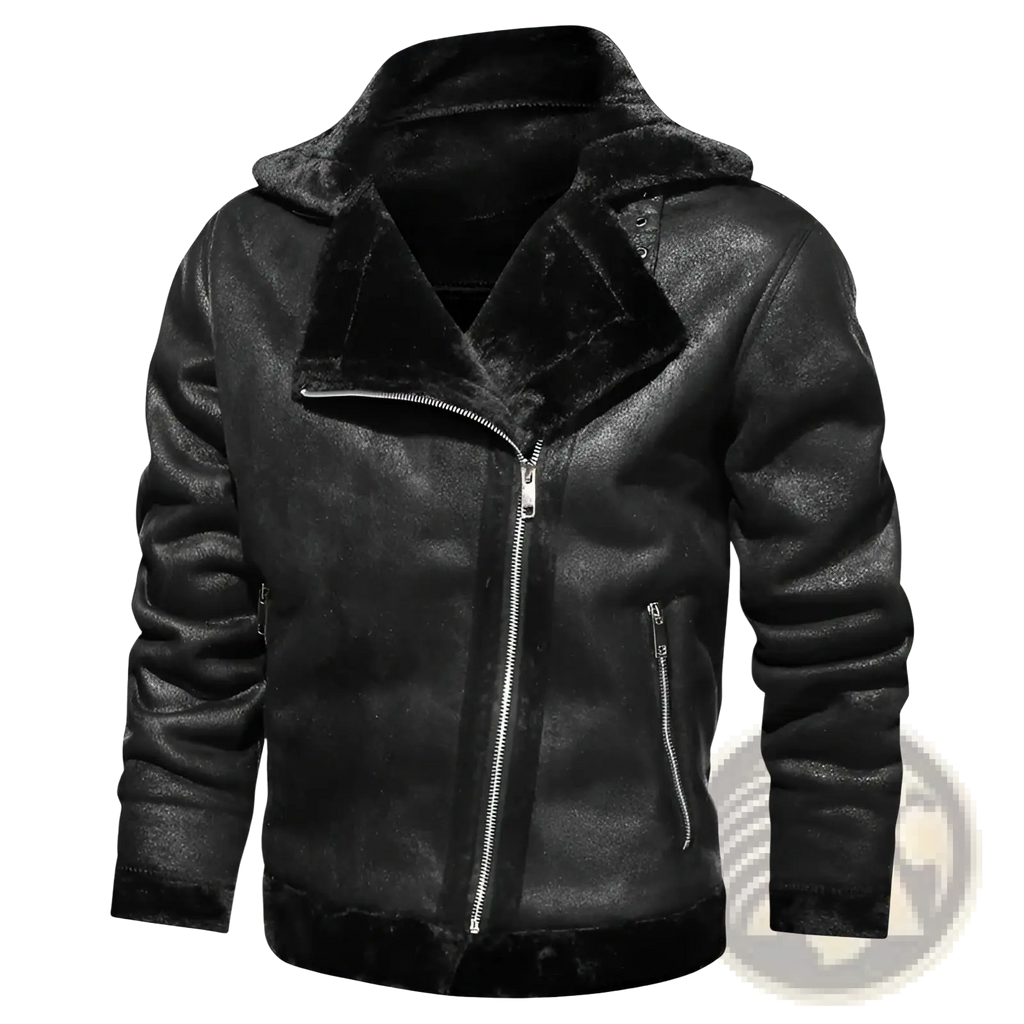 Black men’s thickened fur shearling bomber jacket with matte leather exterior and silver zippers front view