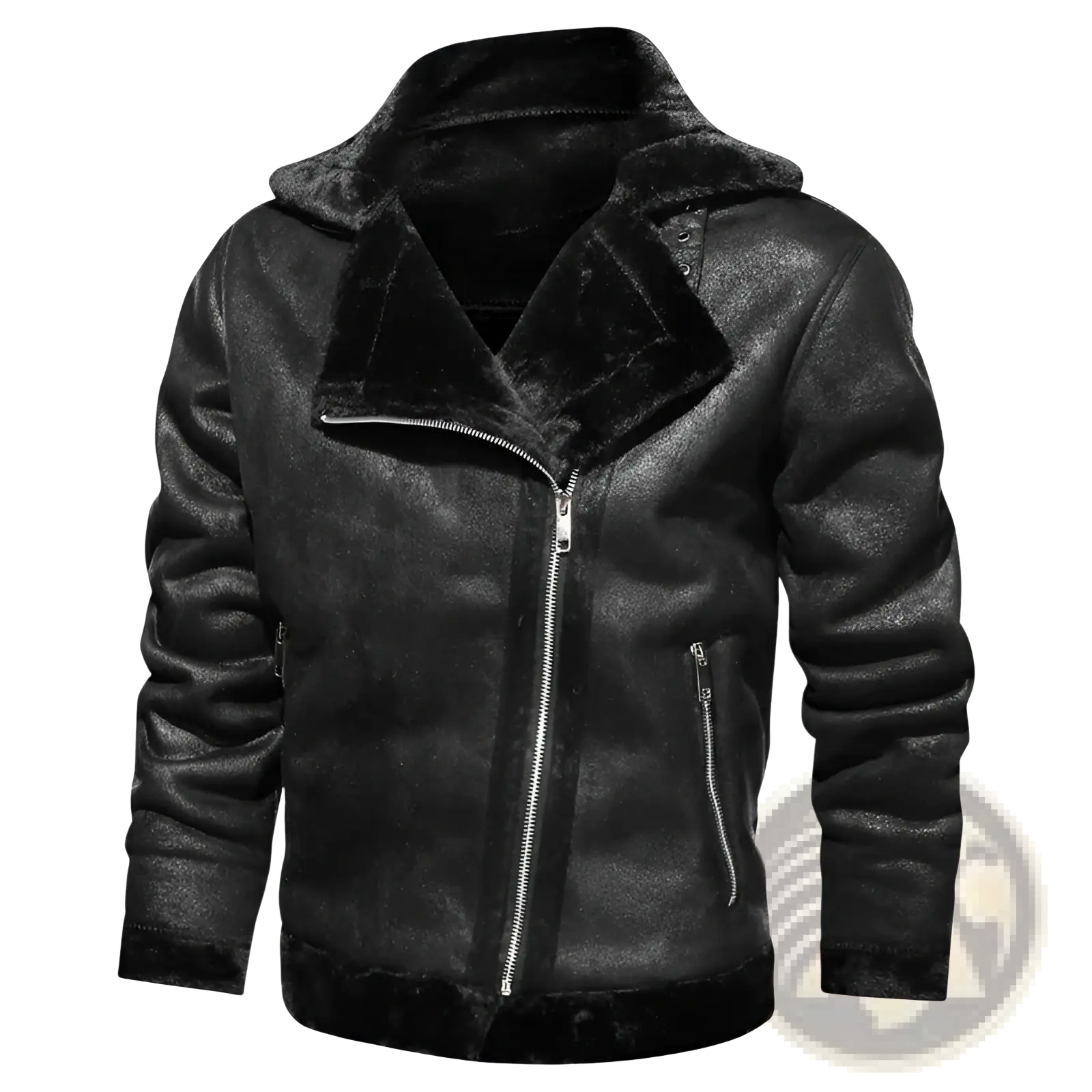 Black men’s thickened fur shearling bomber jacket with matte leather exterior and silver zippers front view