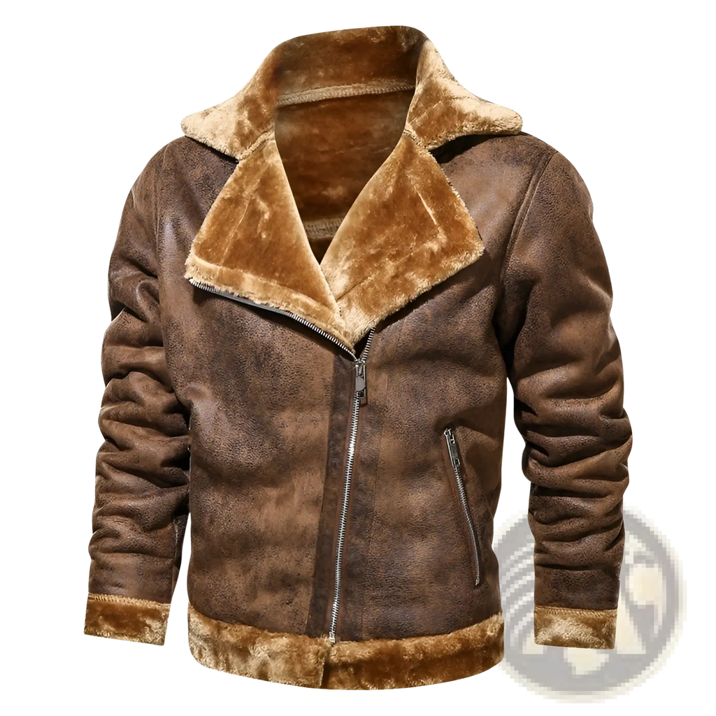 Men’s thickened fur shearling bomber jacket in brown with plush tan fur-lined collar and cuffs