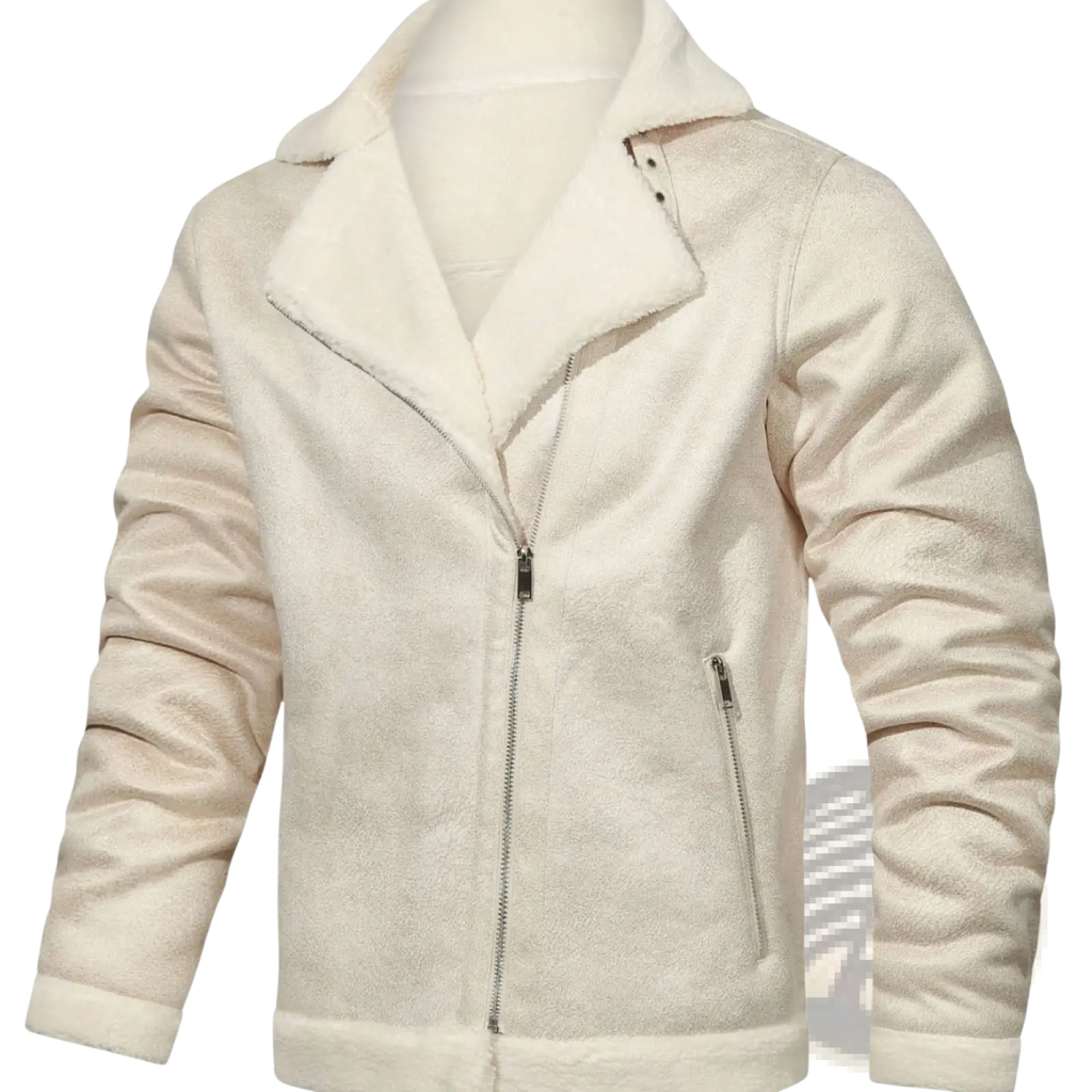 Men’s cream-colored thickened fur shearling moto jacket with plush exterior and fleece-lined collar