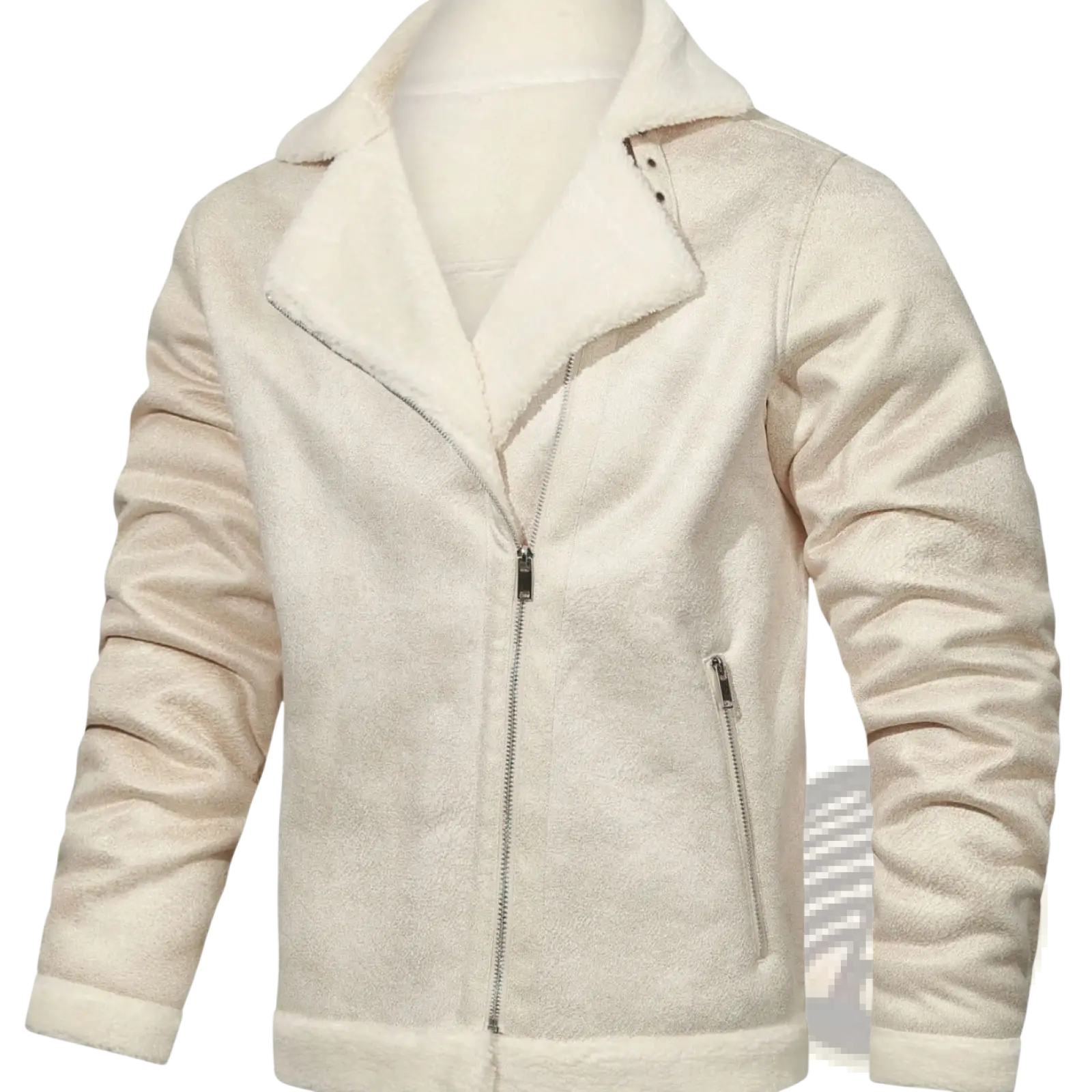 Men’s cream-colored thickened fur shearling moto jacket with plush exterior and fleece-lined collar