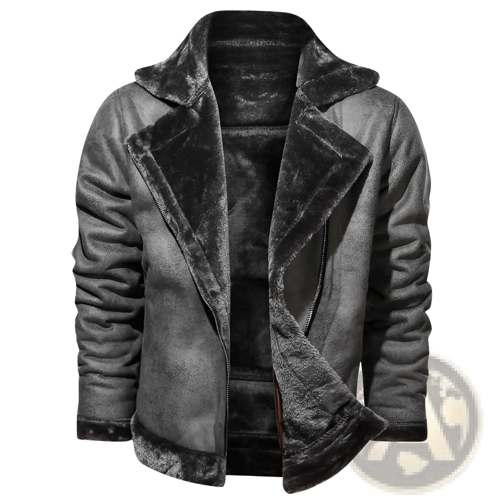 Men’s thickened fur shearling bomber jacket in dark gray with plush textured exterior and fur-trimmed collar