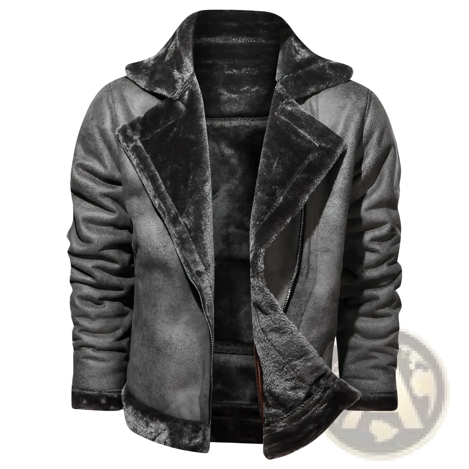 Men’s thickened fur shearling bomber jacket in dark gray with plush textured exterior and fur-trimmed collar