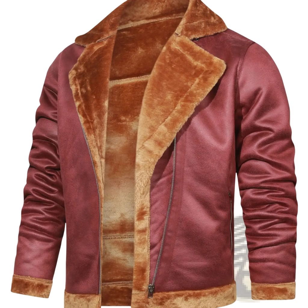 Men’s thickened fur shearling bomber jacket in maroon leather with plush tan shearling collar and cuffs